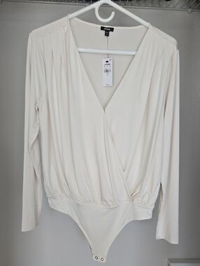 Express Cream Long-Sleeve Wrap Bodysuit
